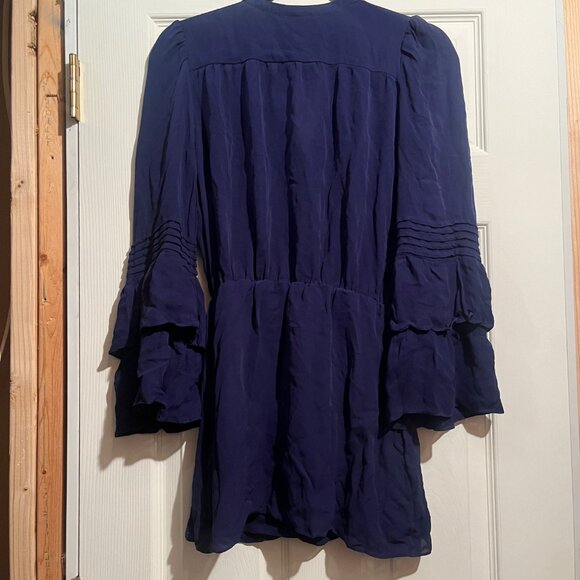PARKER 100% Silk Navy Blue V Neck Ruffle Detail Mini Dress Short Cute XS - Picture 5 of 6